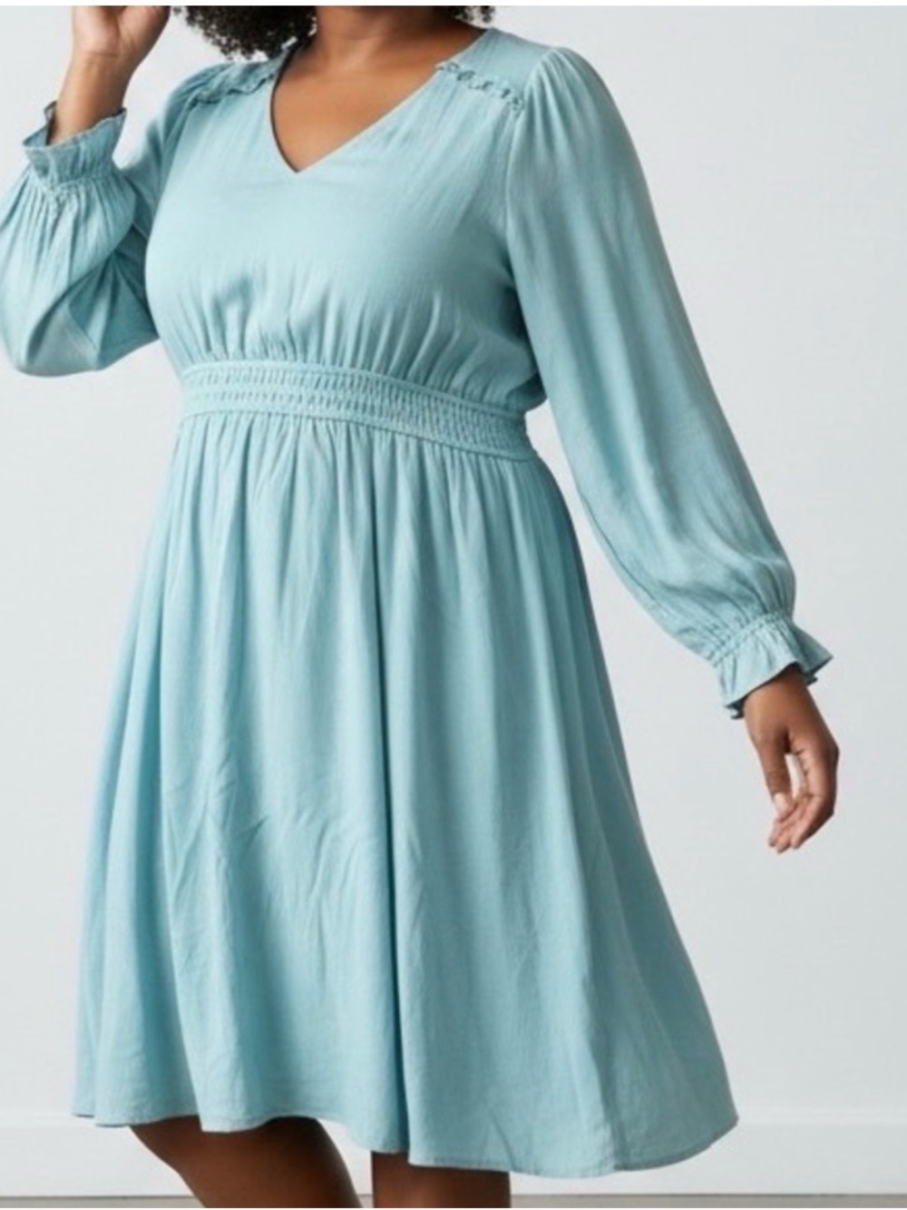 Torrid Aqua V-Neck Long Sleeve Smocked Waist Dress